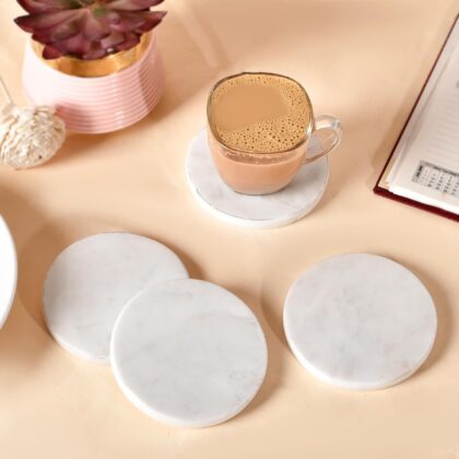 White Banswara Marble Coaster Set (4) | Polished Round Drink Coasters