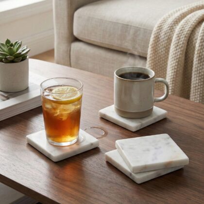 White Banswara Marble Square Coaster Set | 4-Inch Premium Natural Stone Drink Coasters | Polished Finish & 10mm Thick | Luxury Tabletop Protector for Home, Bar, and Office